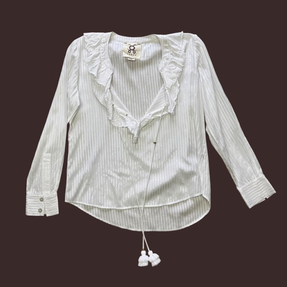 Figue Semi Sheer Stripe White V-Neck Ruffle Blouse with Tassels Size XS